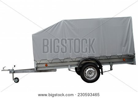 Car Trailer With Canvas Awning Isolated On White Background.