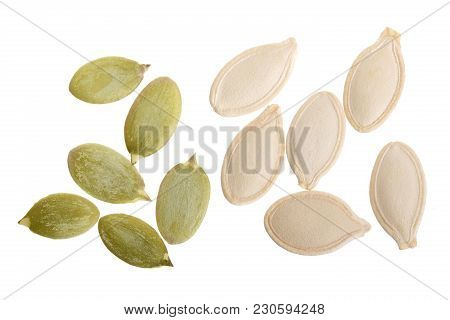 Pumpkin Seeds Or Pepitas, Isolated On White Background. Top View. Flat Lay.