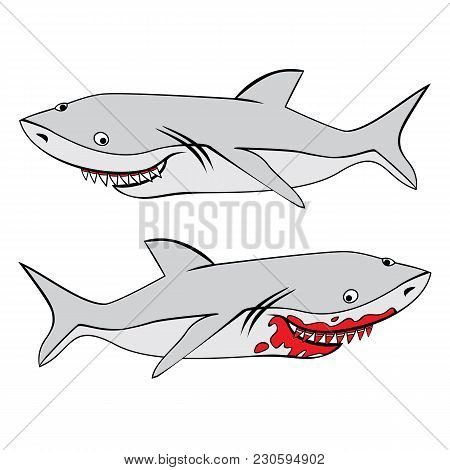 Vector Image Of Two Grey Funny Sharks. One Shark With Bloody Teeth.