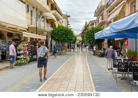 Zakynthos, Greece - September 29, 2017: Promenade With Shops And Restaurants In Zante Town. Zakyntho