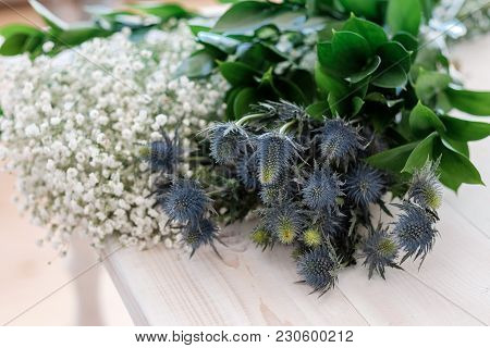 Blue Flowers Eringium On A Close-up Table