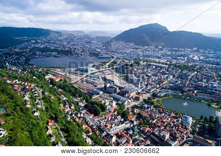 Bergen is a city and municipality in Hordaland on the west coast of Norway. Bergen is the second-largest city in Norway. The view from the height of bird flight. Aerial FPV drone flights.