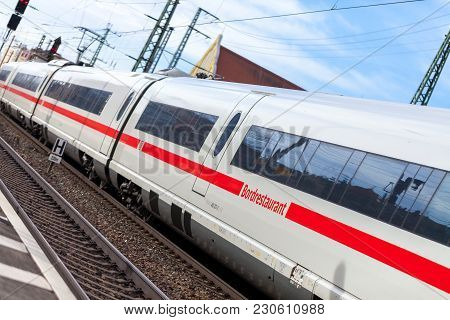 Fuerth / Germany - March 11, 2018: Ice 3, Intercity-express Train From Deutsche Bahn Passes Train St