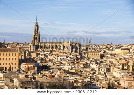 Panoramic View Of The Cathedral Of Toledo And Adjacent Housing Community Of Castilla La Mancha Spain