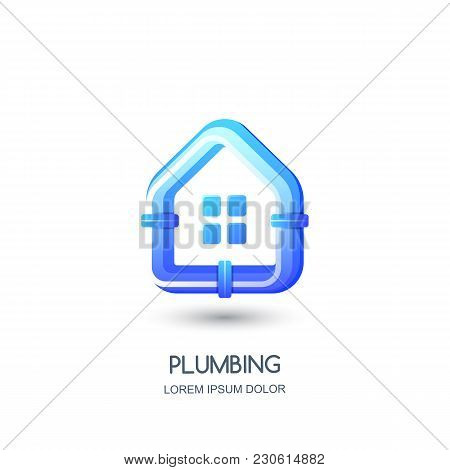Vector Plumbing Logo, Icon, Emblem Design Template. Blue Pipe In House Shape. Concept For Pipelaying