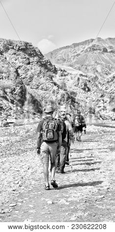 In The Canyon Empty River  Lots Of People   Hiking