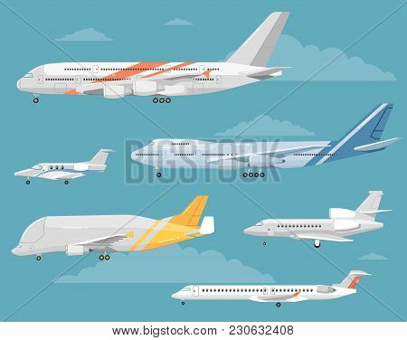 Modern Types Of Aircraft. Airliners, Personal Jets, Cargo Plane  Illustrations On Blue Background Wi
