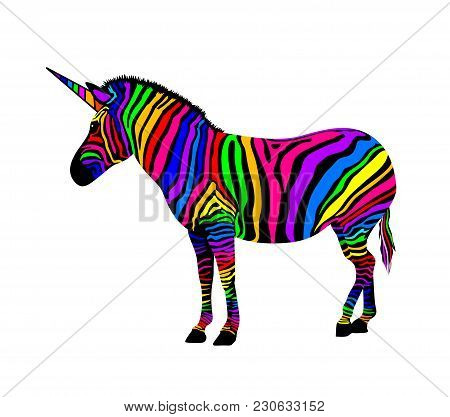 Colorful Zebra. Unicorn Zebra, Vector Illustration Isolated On White Background.