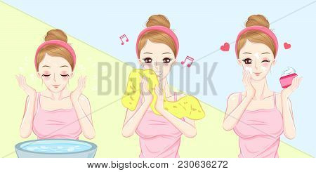 Woman Wash Face On The Blue Background