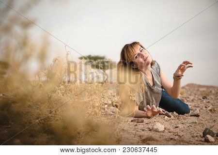 Girl Have Fun In Desert In A Summer Day