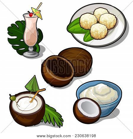 Thematic Set Food Out Of Coconuts And Tropical Fruits. Vector Illustration.