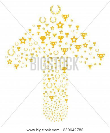 Award Cup Collage Combined In The Set Of Up Direction Arrow. Upwards Pointer Arrow Collage Made From