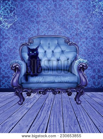 A Premade Background Of A Black Cat Sitting In A Blue Chair In A Witches Room.