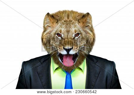 Portrait Of A Lion In A Business Suit, Isolated On A White Background