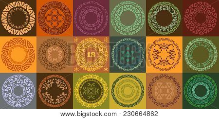 Set Of Hand Drawn Ethnic Circle Frames. Round Labels With Ornamental Borders. Decorative Isolated El