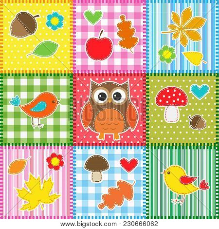 Autumn Background With Leaves,acorns,birds And Owl.vector Illustration