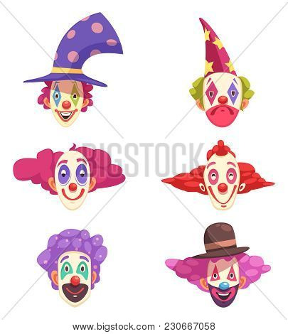 Masks Of Clowns Set With Various Grimaces On Faces And Colorful Curly Hair Isolated Vector Illustrat
