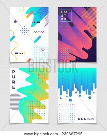 Futuristic Abstract 3d Fluid Oil With Memphis Pattern Elements. Modern Party Vector Posters. Brochur