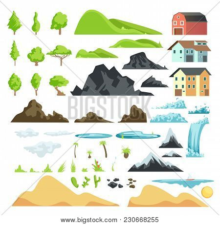 Cartoon Landscape Vector Elements With Mountains, Hills, Tropical Trees And Buildings. Hill And Moun
