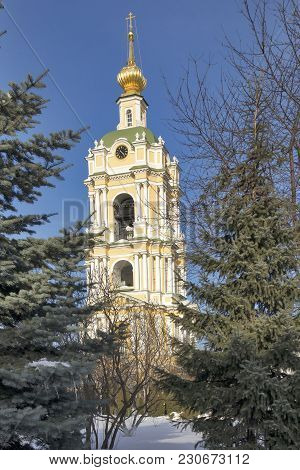 Moscow, Russia -march 10 2018 Bell Tower Of Church Of St. Sergius Of Radonezh Of Novospassky Monaste