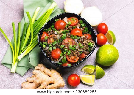 Indian Lentil Salad With Veggies. Healthy Food, Vegetarian And Vegan