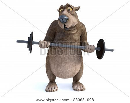3d Rendering Of A Charming Cartoon Bear Trying To Lift A Barbell. He Looks A Bit Strained. White Bac