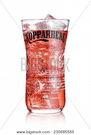 London, Uk - March 10, 2018 : Cold Glass Of Kopparberg Premium Cider  On White Background.