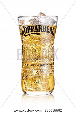 London, Uk - March 10, 2018 : Cold Glass Of Kopparberg Premium Cider  On White Background.