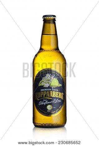 London, Uk - March 10, 2018 : Cold Bottle Of Kopparberg Premium Cider With Elderflower And Lime Flav