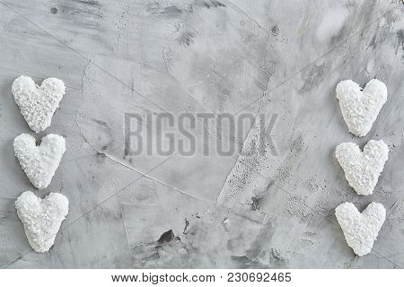 Sweet Crunchy Coconat Heart-shaped Biscuits Arranged In Pattern On Light Textured Background, Top Vi