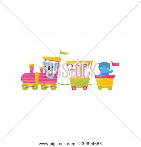 Colorful Illustration Of Koala, Bunny And Behemoth On Train. Funny Animals Characters. Decoration Fo