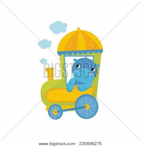 Adorable Blue Behemoth With Pink Cheeks On Train. Cartoon Character Of Funny Little Hippo. Graphic E