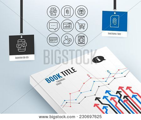 Set Of Add User, Blog And Attachment Icons. Surprise Gift, Website Statistics And Credit Card Signs.