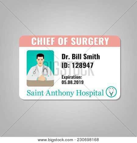 Doctors Id Card With House Surgeon Image. Medical Specialist Badge Template For Medicine, Emergency 