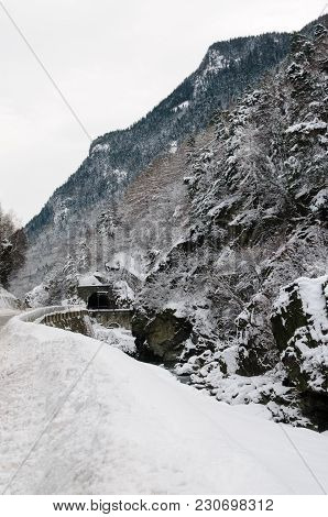 A Snowy Landscape In The French Alps, Along The Road Between France And Italy.