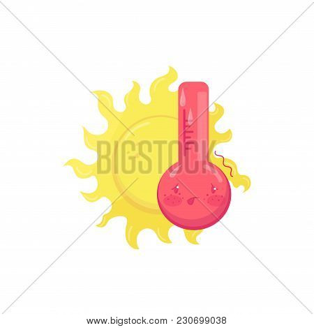 Cartoon Character Of Hot Sweating Thermometer, Yellow Sun Behind Him. Graphic Element For Mobile Met