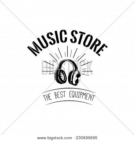Headphones Icon. Headphones In Beams. Music Store Logotype Label Emblem. Vector Illustration.