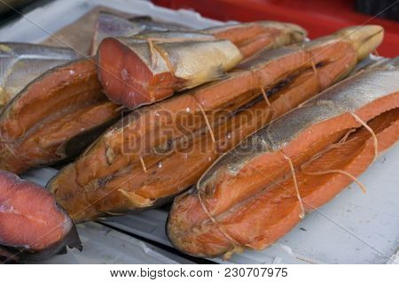 Red Fish. Pink Salmon Roasted At Home On The Baking Sheet In The Oven