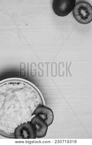 Porridge With Kiwi On Breakfast Black And White Poster