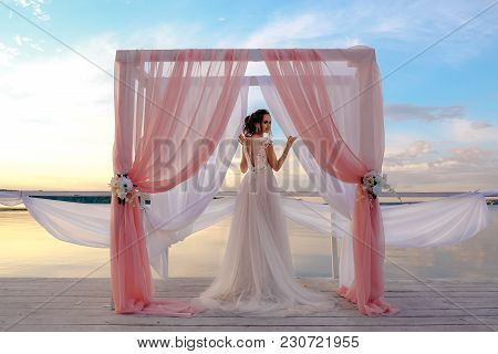 A Beautiful Bride Stands On A Pier In An Arch Of Pink Cloth. Lake And Cloudy Sky On The Background. 