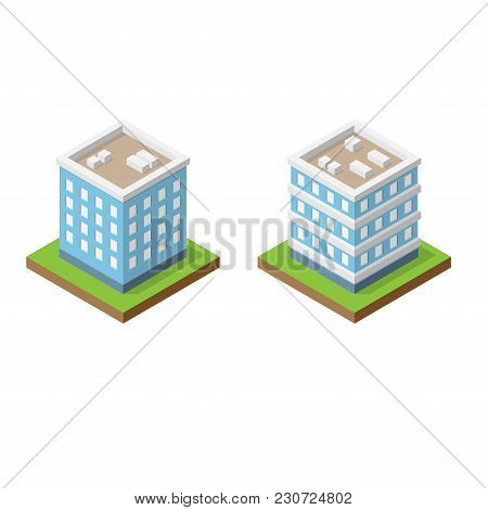 Set Of Two Isometric Blue Buildings With Windiws Isolated On White Background
