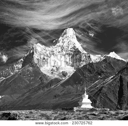 Mount Ama Dablam With Stupa Near Pangboche Village And Beautiful Cloudy Sky, Black And White View, W