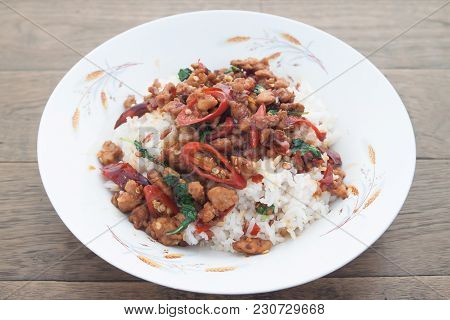 Stir Firied Pork With Basil, Thai Spicy Dish, Pad Kaprow Favorite Street Food In Thailand