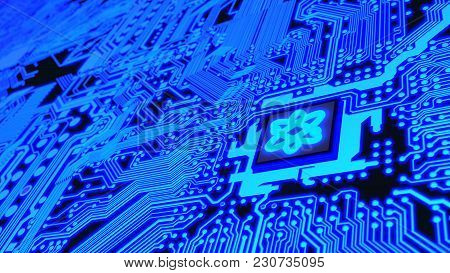 Circuit Board In Blue With A Chip And A Molecule Symbol Quantum Computing 3d Illustration