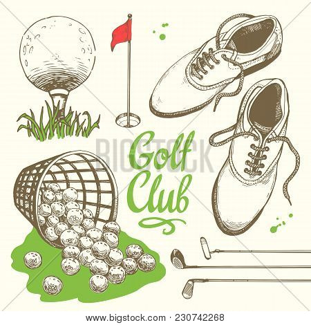 Golf Set With Basket, Shoes, Putter, Ball, Gloves, Flag, Bag. Vector Set Of Hand-drawn Sports Equipm