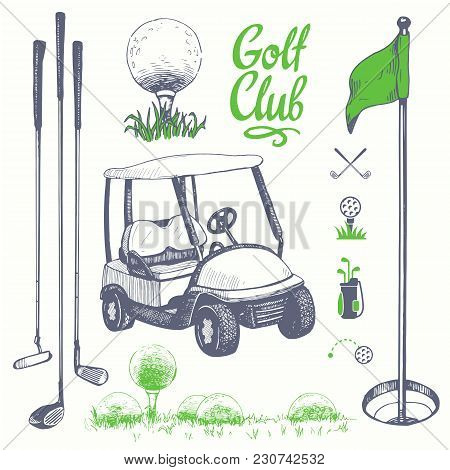 Golf Set With Basket, Shoes, Car, Putter, Ball, Gloves, Flag, Bag. Vector Set Of Hand-drawn Sports E