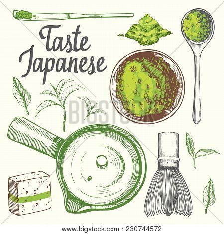 Japanese Ethnic And National Tea Ceremony. Matcha. Traditions Of Teatime. Decorative Elements For Yo