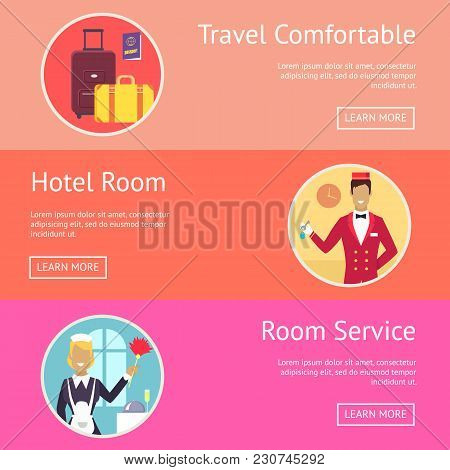 Travel Comfortable, Hotel Room And Room Service Demonstration With Icons Of Baggage And Hotel Staff.