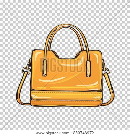 Trendy Orange Women Bag With Three Handlers Of Different Length Isolated On Transparent Background. 