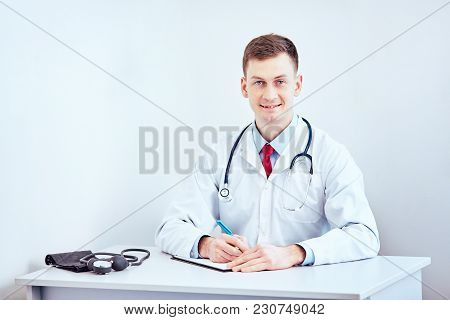 Close-up Of A Doctor In Front Of A Bright Background